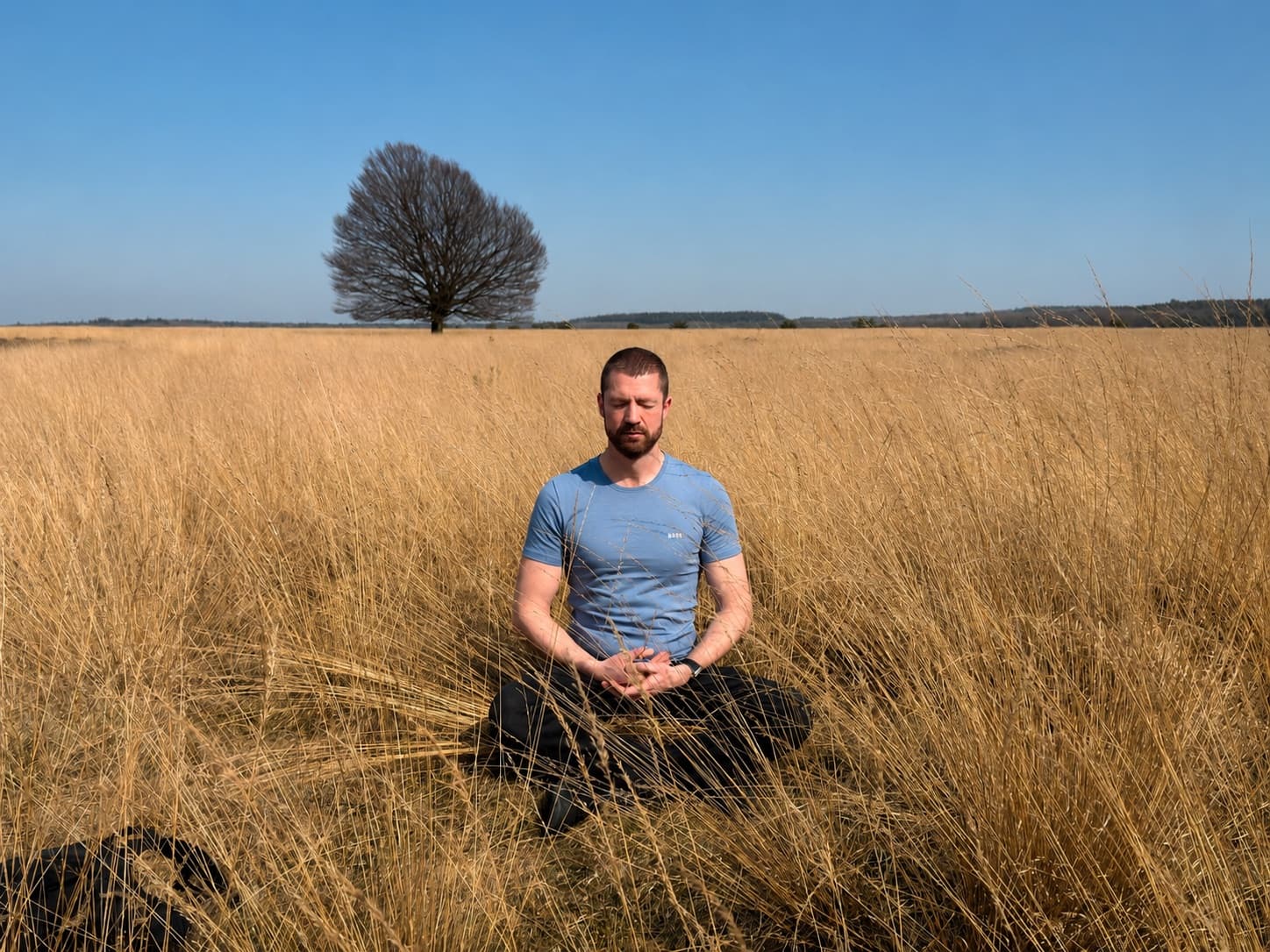 Person meditating in an open heathland landscape at sunrise